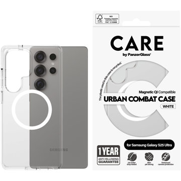 PanzerGlass CARE™ by ® Urban Combat Case Transparent w. White Qi Compatible Samsung Galaxy S25 Ultra
